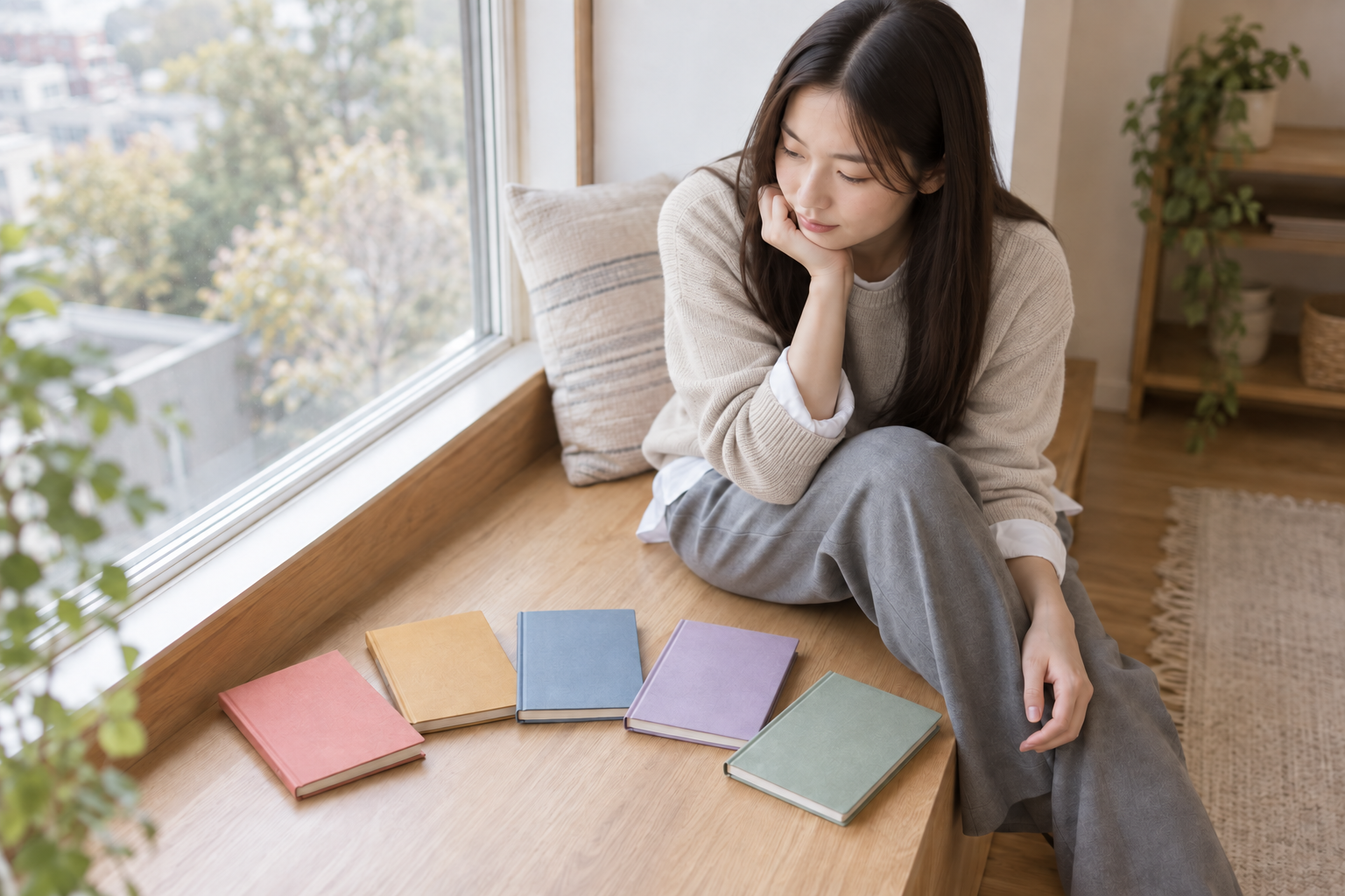 窓辺で5つの講座を見比べる20代女性