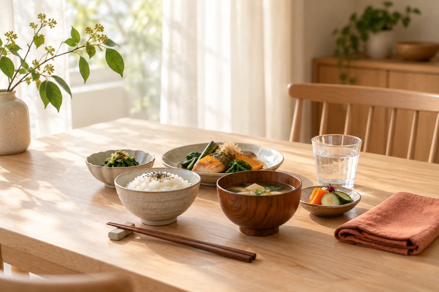 自然光の入る食卓に整えた食事と水